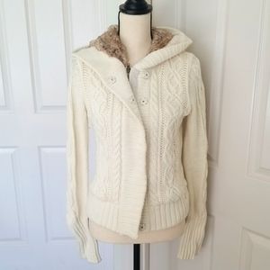 American Eagle Knit Sweater Jacket Faux Fur lined Hood